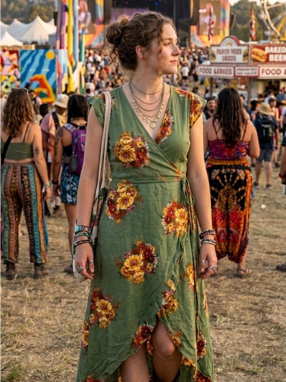 Altar'd State Olive Green Floral Wrap Maxi with Yellow Bouquet Print boho